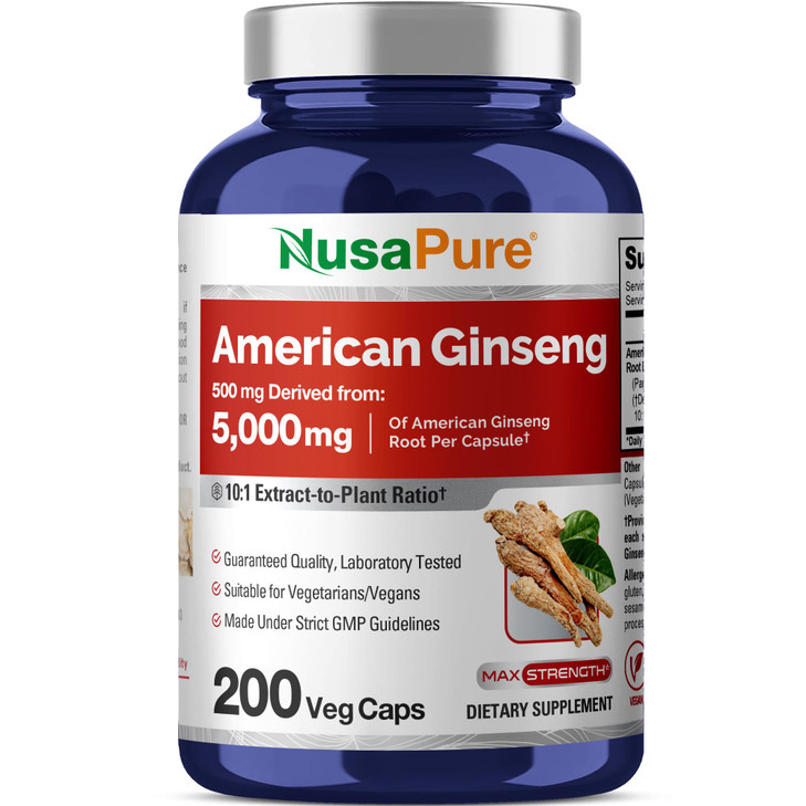 NusaPure American Ginseng 10:1 Extract, 500 mg Equivalent to 5000mg - 200 Veggie Capsules (Vegetarian, Non-GMO, Vegan)