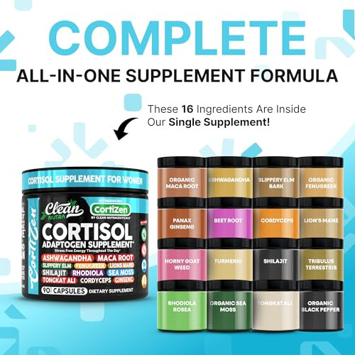 Clean Nutra Cortisol Supplements For Women | Maca Root Ashwagandha Cortisol Detox Manager Reducer + Slippery Elm Fenugreek Lions Mane Shilajit Rhodio