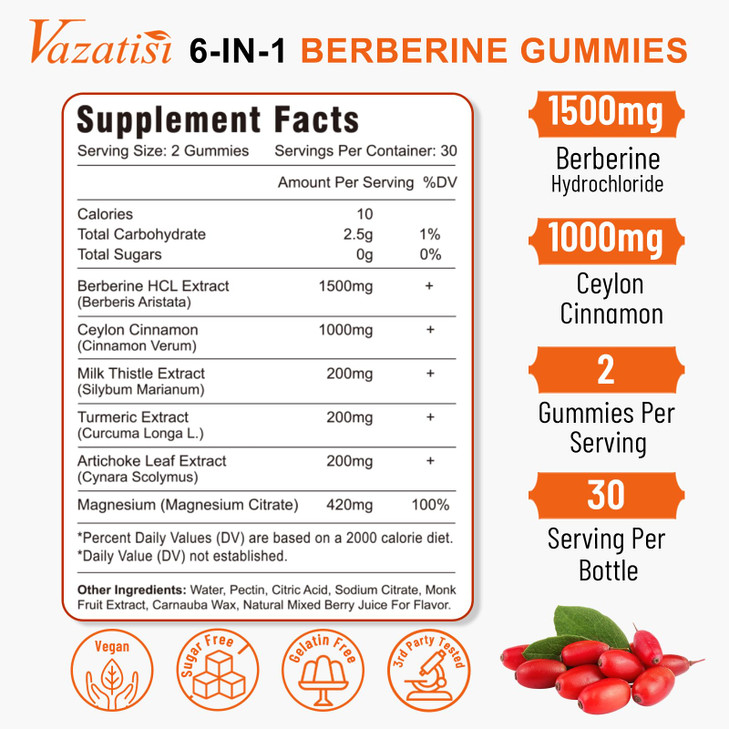 1500mg Berberine Gummies, High Potency Berberine Supplement with Ceylon Cinnamon Gummies, Turmeric, Magnesium, Sugar Free, Non-GMO, Gluten-Free - Mix