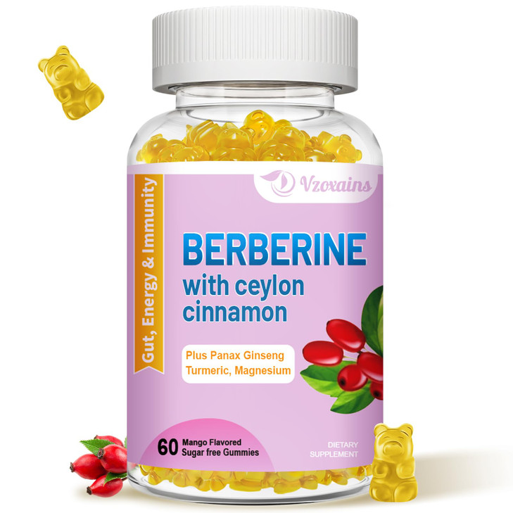 VZOXAINS Berberine with Ceylon Cinnamon Gummies, High Potency Berberine HCI Supplement, Immune Health Support, 60 Mango Flavored Gummies