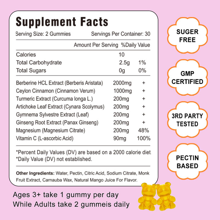 VZOXAINS Berberine with Ceylon Cinnamon Gummies, High Potency Berberine HCI Supplement, Immune Health Support, 60 Mango Flavored Gummies