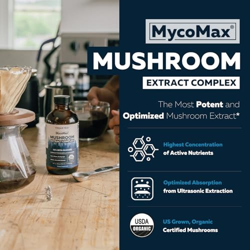 MycoMax Mushroom Complex - 70% Beta Glucans, Max Potency Mushroom Supplement, US Grown + Ultrasonic Extraction - Lions Mane, Cordyceps, Reishi & More