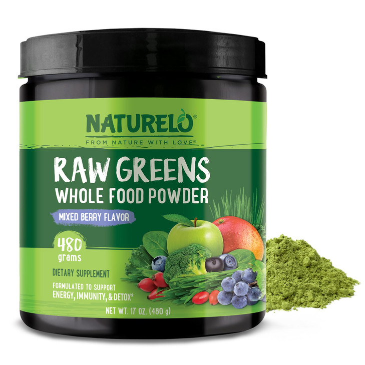 NATURELO Raw Greens Superfood Powder 480 Grams, Mixed Berry - Supports Energy, Immunity and Detox - Includes Spirulina, Wheat Grass and Organic Green