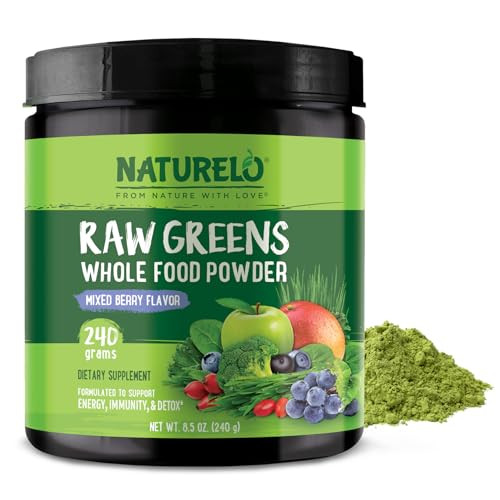 NATURELO Raw Greens Superfood Powder 240 Grams, Mixed Berry - Supports Energy, Immunity and Detox - Includes Spirulina, Wheat Grass and Organic Green