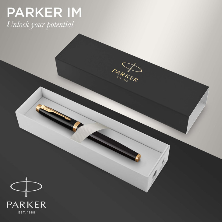 Parker IM Fountain Pen, Black Lacquer Gold Trim, Medium Nib with Blue Ink Refill, Gift Box (1931652)