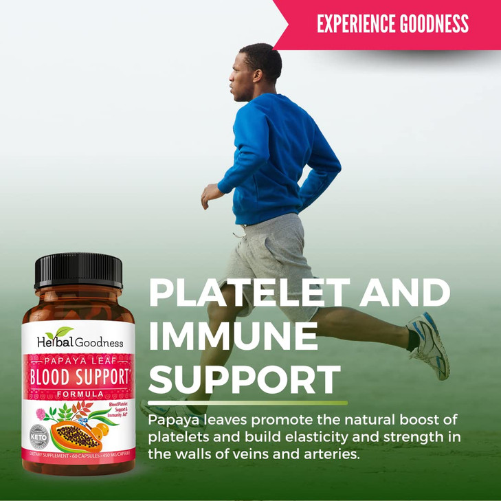 Herbal Goodness Papaya Leaf Blood Support Capsules - Platelet & Bone Marrow Health, Immunity Support & Blood Cleanse - 60/450mg Veggie Capsules (1 Bo