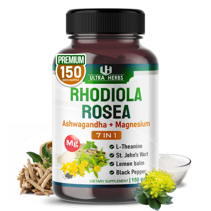 Rhodiola Rosea Supplement Enriched with Ashwagandha, Magnesium, L-Theanine, St. John's Wort, Lemon Balm - Support Mood, Sleeps Quality, and Mental Fo