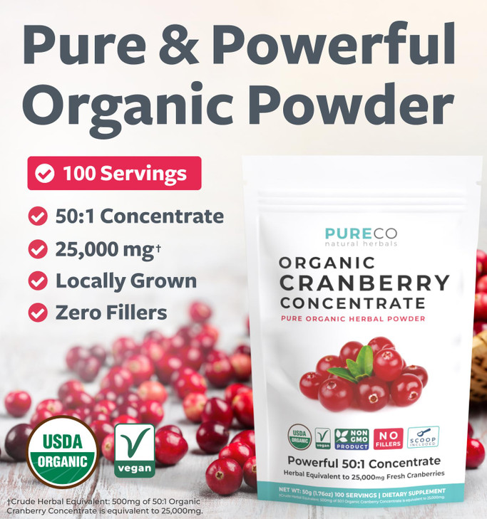 USDA Organic Cranberry Concentrate (50:1) Powder - 500mg is Equivalent to 25,000mg of Fresh Cranberries - For Kidney Cleanse & UTI Support Vitamins -