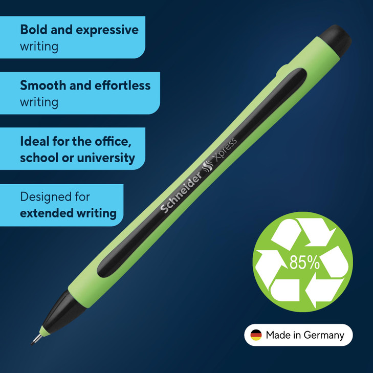 Schneider Xpress Premium Fineliner, 0.8 mm Porous Point, Light Green Barrel, Black Ink, Box of 10 Pens (190001)