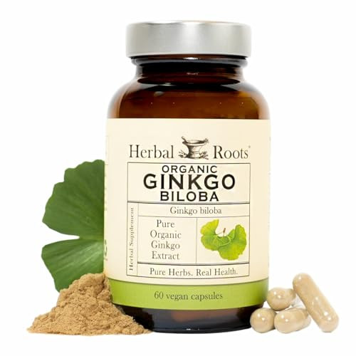 Herbal Roots Organic Ginkgo Biloba Made with Pure Organic Ginkgo Leaf and Extract - 60 Vegan Capsules