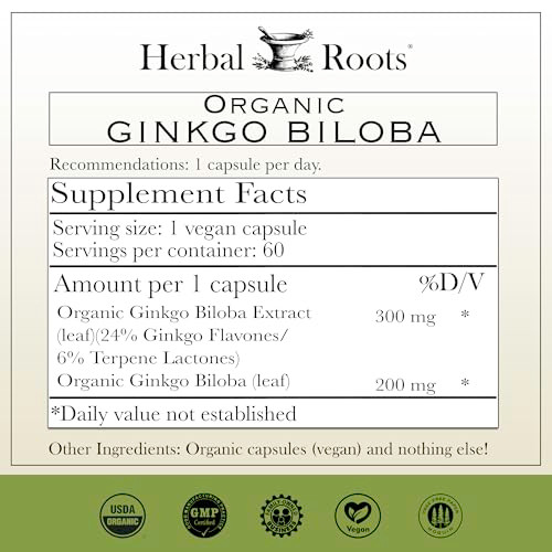 Herbal Roots Organic Ginkgo Biloba Made with Pure Organic Ginkgo Leaf and Extract - 60 Vegan Capsules