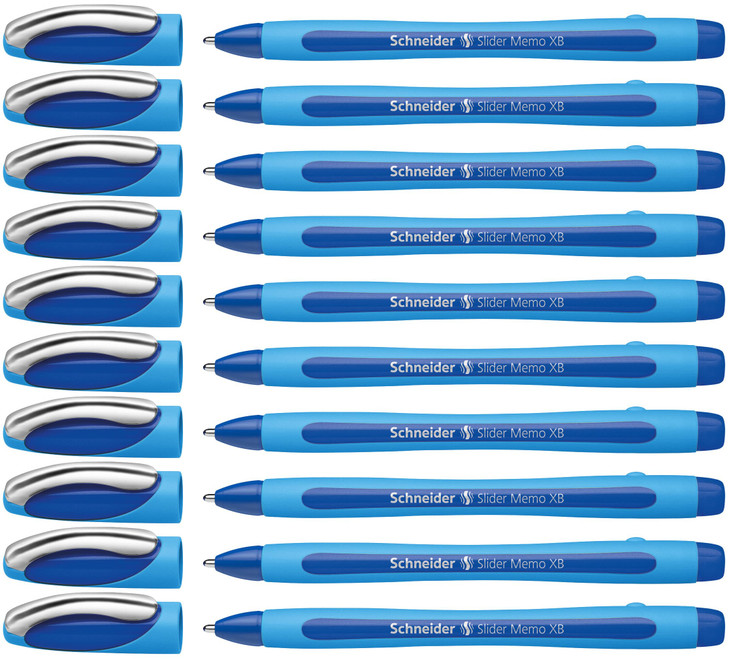 Schneider Slider Memo XB (Extra Broad) Ballpoint Pen, 1.4 mm, Light Blue Barrel, Blue Ink, Box of 10 Pens (150203)