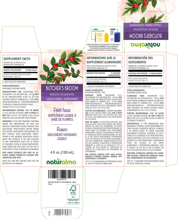 Naturalma Butcher's Broom (Ruscus aculeatus) Root Alcohol-Free Tincture - 4 fl oz Liquid Extract in Drops - Herbal Supplement - Vegan