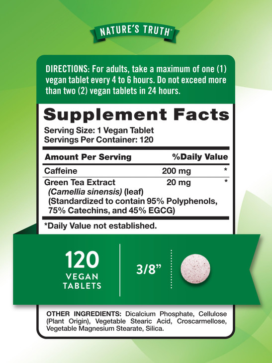 Nature's Truth Caffeine Pills | 220mg | 120 Count | With Green Tea Extract | Vegan, Non-GMO & Gluten Free Supplement