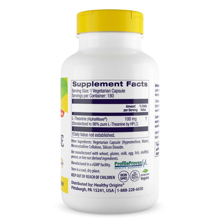 Healthy Origins L-Theanine 100 mg (AlphaWave, Supports Relaxation Without Drowsiness, Brain Support, Non-GMO, Gluten Free), 180 Veggie Caps