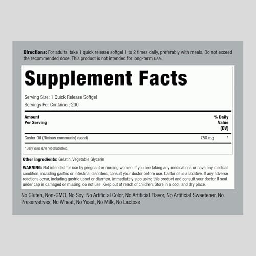 Piping Rock Castor Oil Softgel Capsules 750mg | 200 Count | Cold Pressed | Non-GMO, Gluten Free Supplement