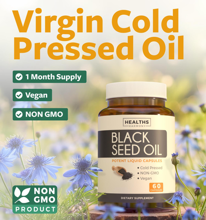 Black Seed Oil - 60 Softgel Capsules (Non-GMO & Vegan) Premium Cold-Pressed Nigella Sativa Producing Pure Black Cumin Seed Oil with Vitamin E - 500mg