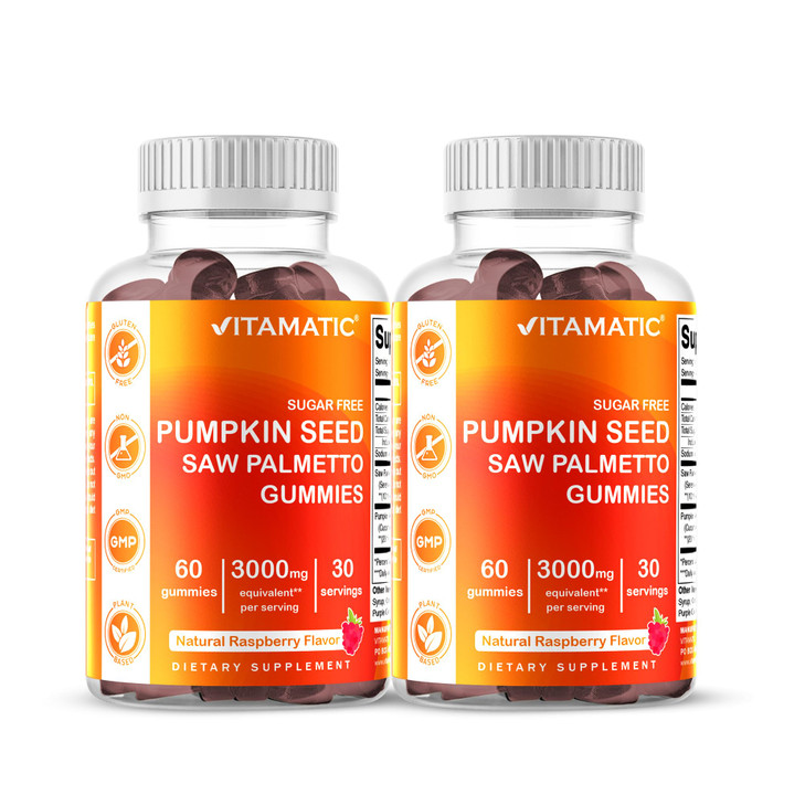 Vitamatic 2 Packs Sugar Free Pumpkin Seed Gummies- 3000 mg Equivalent Per Serving (from 20:1 and 10:1 Extract 200 mg) - Made with Saw Palmetto - Natu