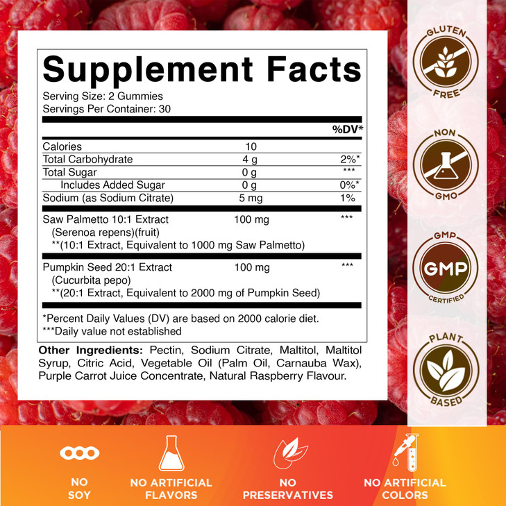 Vitamatic 2 Packs Sugar Free Pumpkin Seed Gummies- 3000 mg Equivalent Per Serving (from 20:1 and 10:1 Extract 200 mg) - Made with Saw Palmetto - Natu