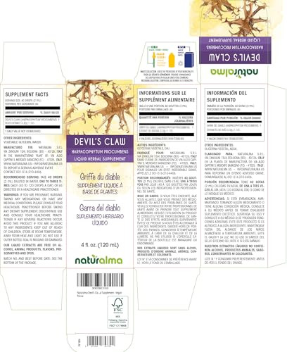 Naturalma Devil's Claw (Harpagophytum procumbens) Root Alcohol-Free Tincture - 4 fl oz Liquid Extract in Drops - Herbal Supplement - Vegan