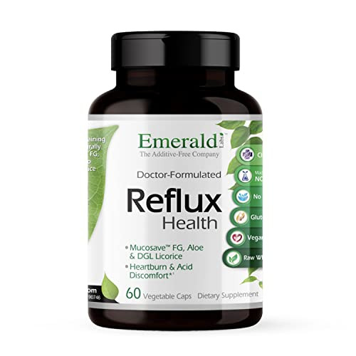 EMERALD LABS Reflux Health - Indigestion & Heartburn Relief with Mucosave FG, DGL, Aloe Vera, Probiotics, Digestive Enzymes & More* - 60 Vegetable Ca