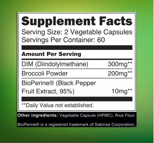 DIM Supplement 300mg with Broccoli 200mg BioPerine 10mg-Hormone and Estrogen Balance for Women & Men,Menopause Relief,PCOS & PMS Support,Hormonal Acn