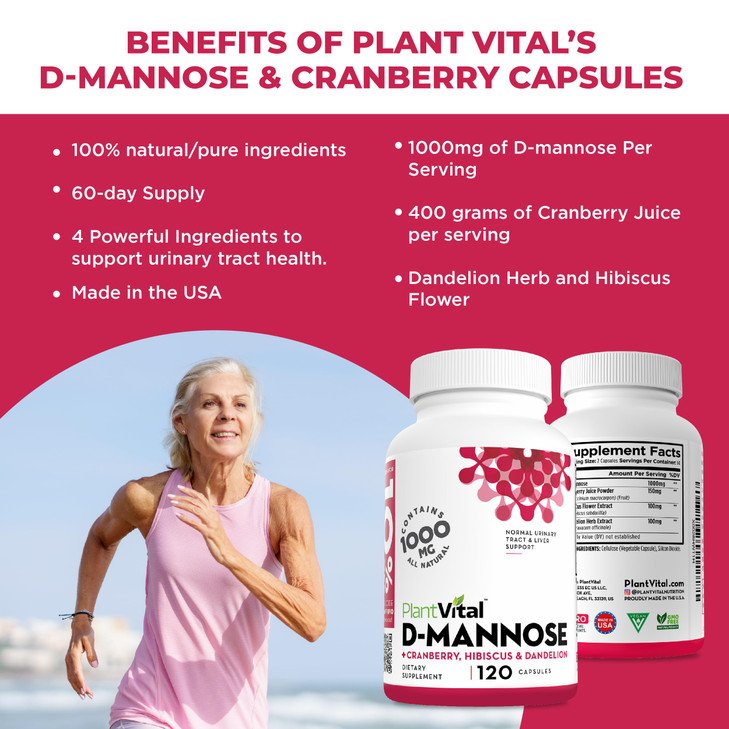 Plantvital D Mannose Capsules with Cranberry - D-mannose 1000mg Capsules - High Potency for Bladder, Kidney and Urinary Tract Support. Cranberry Powd