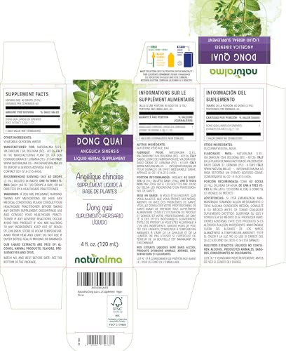 Naturalma Dong quai or Female Ginseng (Angelica sinensis) Root Alcohol-Free Tincture - 4 fl oz Liquid Extract in Drops - Herbal Supplement - Vegan