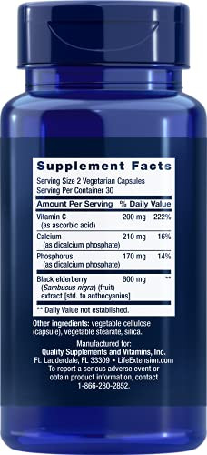 Life Extension Black Elderberry + Vitamin C, Everyday Immune Support from Elderberry & Vitamin C, Gluten Free, Non-GMO, Vegetarian, 60 Capsules