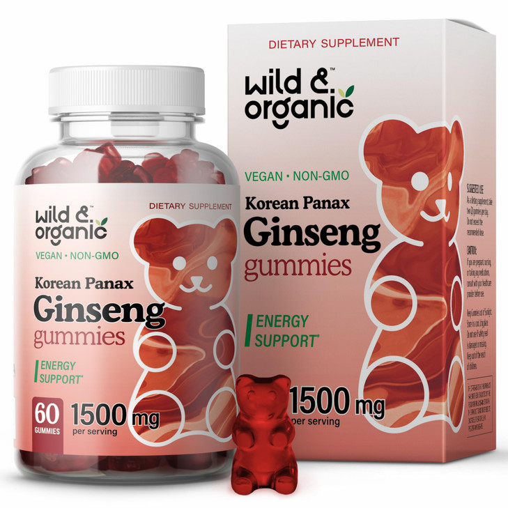 Wild & Organic Panax Ginseng Gummies 1500 mg - Korean Red Ginseng Supplement - Vegan, Non-GMO Root Powder Based Chews - 60 Count