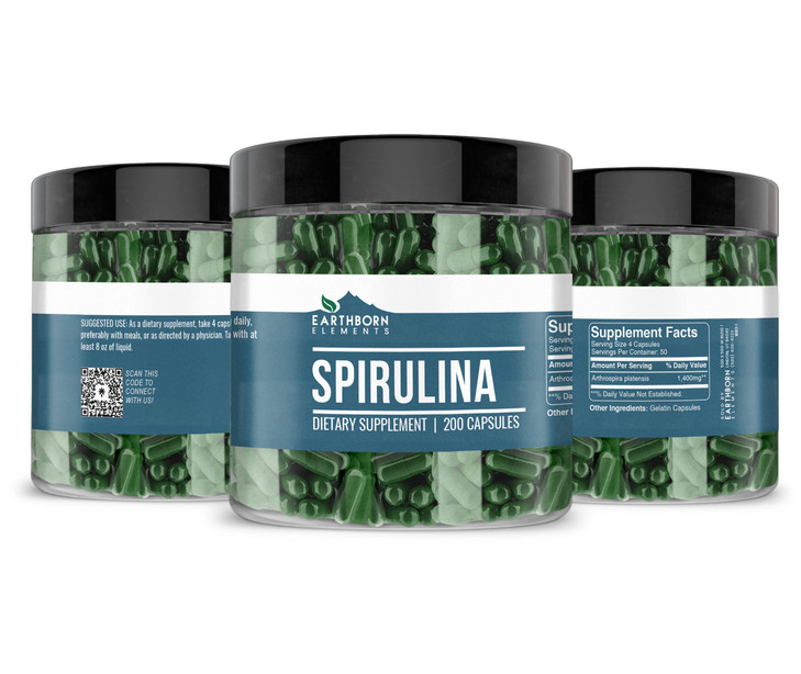 Earthborn Elements Spirulina 200 Capsules, Pure & Undiluted, No Additives