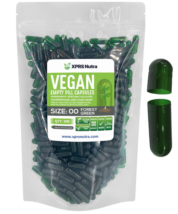 XPRS Nutra Size 00 Empty Capsules - 500 Count Empty Vegan Capsules - Vegetarian Empty Pills - DIY Vegetable Capsule Filling- Veggie Pill Caps (Forest
