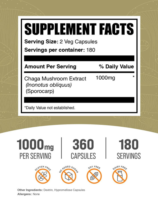 BulkSupplements.com Chaga Mushroom Extract Capsules - Chaga Extract, Chaga Mushrooms - Vegan & Gluten Free, 2 Capsules per Serving (1000mg), 360 Coun