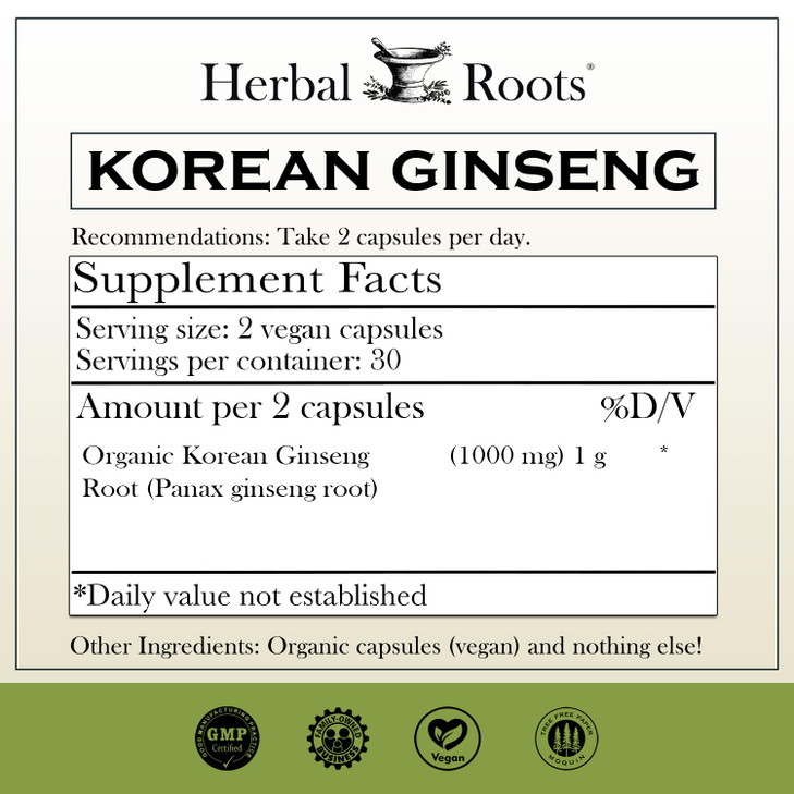 Herbal Roots Panax Ginseng | Organic Korean Ginseng Root Powder | 1000mg | High Ginsenosides for Energy & Performance | 60 Vegan Capsules