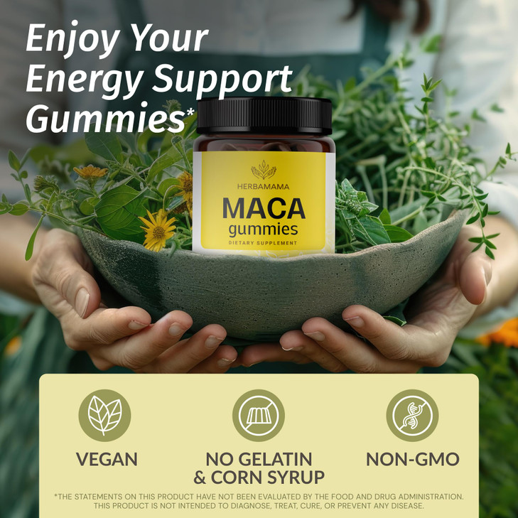 HERBAMAMA Maca Root Gummies - 1800mg Maca Root Extract for Energy Support - Vegan, Non-GMO Antioxidant Support Supplement - 90 Pectin-Based Banana-Fl
