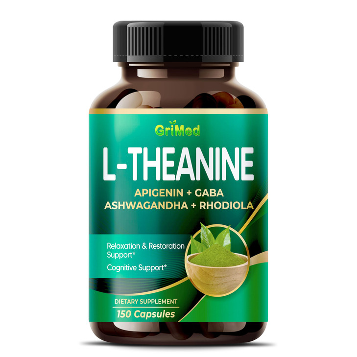 GriMed L-Theanine 11,900mg- X10 Power with Apigenin, GABA Ashwagandha, Rhodiola - Relaxation & Restoration Focus and Memory (150 Count (Pack of 1))