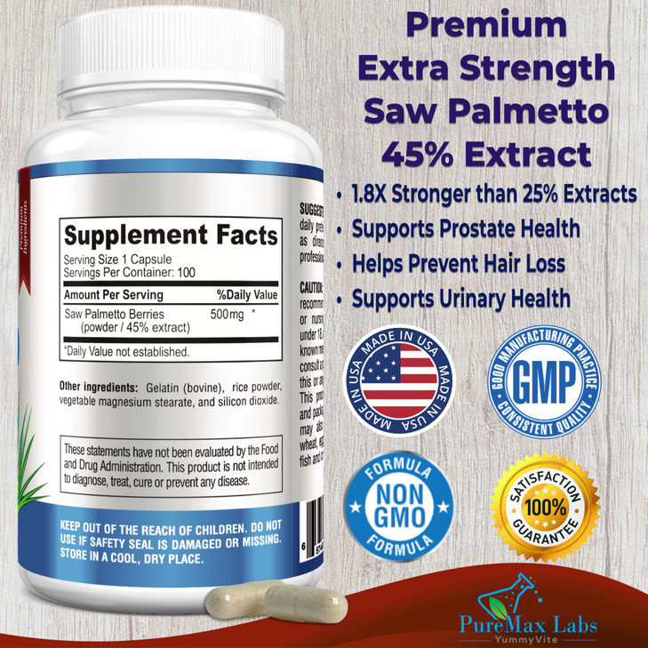 YUMMYVITE Extra Strength Saw Palmetto - 45% Extract Prostate Supplement, Decrease Frequent Urination, DHT Blocker for Hair Growth, Non-GMO, 100 Capsu