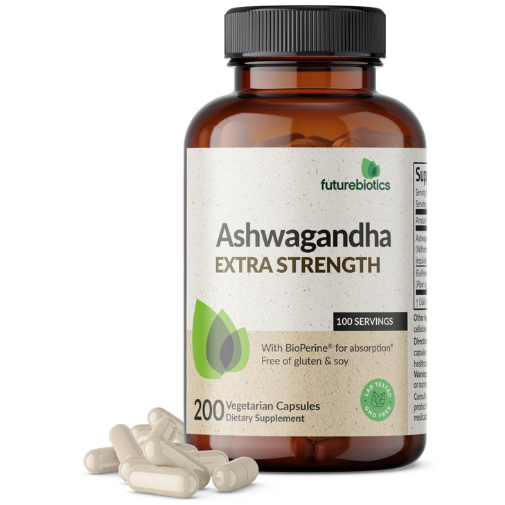 Futurebiotics Ashwagandha Extra Strength Stress & Mood Support with BioPerine - Non GMO Formula, 200 Vegetarian Capsules