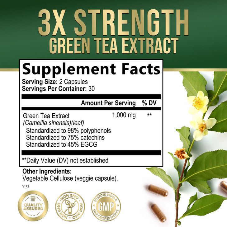 Green Tea Extract Capsules 1000 mg - Standardized 45% EGCG & 98% Polyphenols - 3X Strength Green Tea Pills for Natural Energy - Supports Heart Health