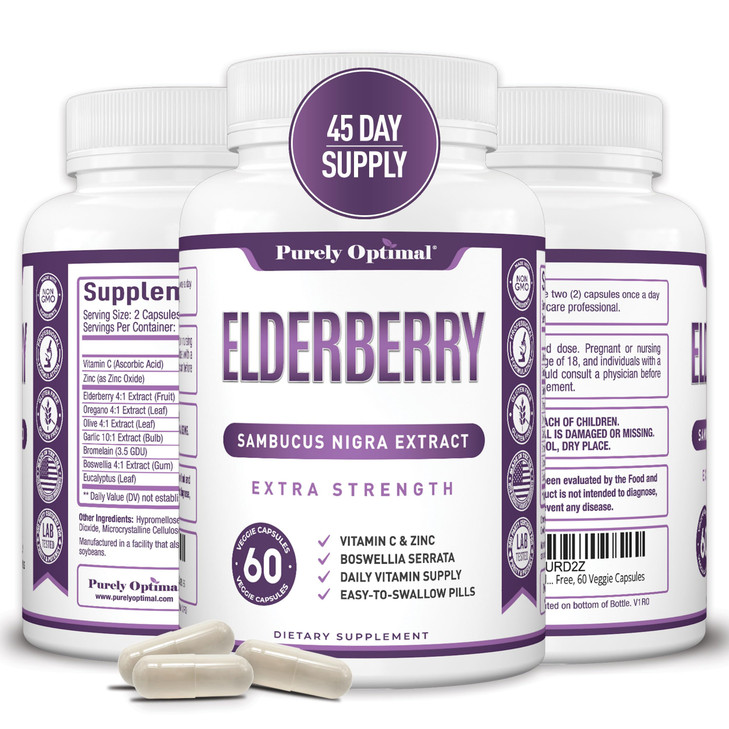 Purely Optimal Elderberry Capsules - Premium Quality Sambucus Nigra Extract Supplement - Naturally Sourced, Immune Function Support - Non-GMO, Gluten