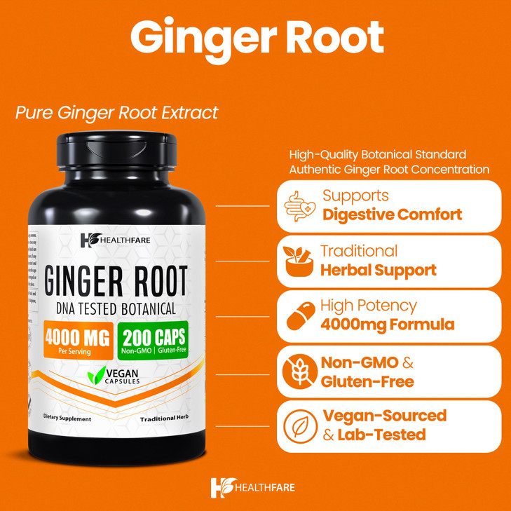 Healthfare Ginger Root Extract 4000mg | Supplement | 200 Vegan Pills | Digestive Support | High Potency | Non-GMO, Gluten-Free | Made in USA