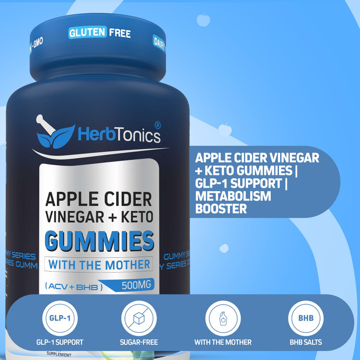 Herbtonics Keto Apple Cider Vinegar Gummies | Digestion & Detox | GLP-1 Support | Sugar Free BHB Advanced Formula for Keto Support - Raw ACV with The