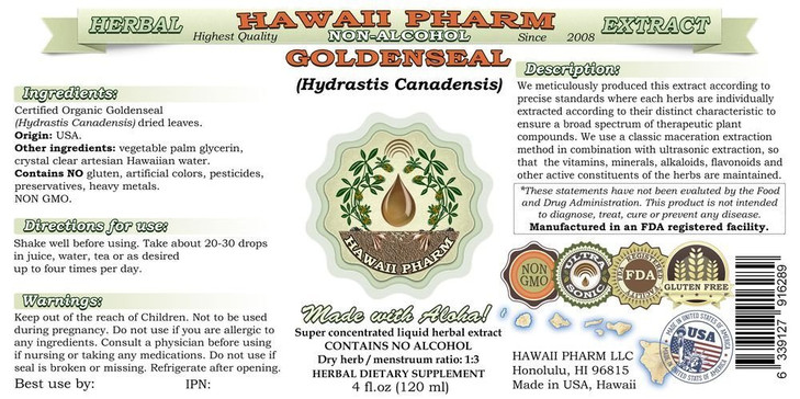 Goldenseal Alcohol-Free Liquid Extract, Organic Goldenseal (Hydrastis Canadensis) Dried Leaf Glycerite Hawaii Pharm Natural Herbal Supplement 2 oz