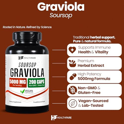 Healthfare Graviola Soursop Extract 5000mg | Annona Muricata | 400 Vegan Capsules (Pack of 2) | High Potency Leaf & Fruit Blend | Non-GMO | Gluten-Fr