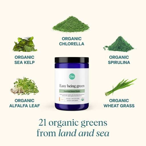 Ora Organic Greens Powder - Vegan, Gluten-Free, Organic Super Greens Drink for Energy and Detox | Antioxidants & Adaptogenic Herbs | 20+ Superfood Gr