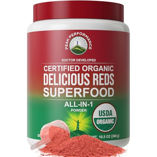 Peak Performance Organic Reds Superfood Powder, Best Tasting Organic Red Juice Super Food w/ 25+ All Natural Ingredients & Polyphenols, Vital for Max
