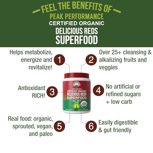 Peak Performance Organic Reds Superfood Powder, Best Tasting Organic Red Juice Super Food w/ 25+ All Natural Ingredients & Polyphenols, Vital for Max
