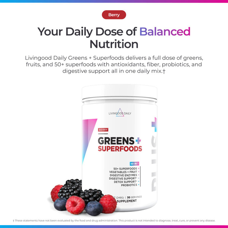 Livingood Daily Greens & Superfood Powder, Super Greens for Gut Health, Green Juice Powder with Spirulina, Chlorella, and Digestive Enzymes, Probioti