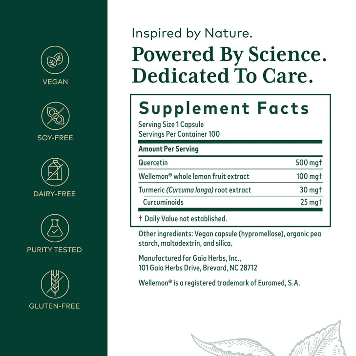 GAIA HERBS PRO Quercetin Synergy 500 - Immune System Support Supplement* - Cell Health Supplement* with Quercetin, Bromelain & Turmeric - 100 Capsule