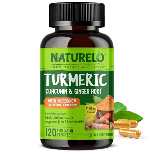 NATURELO Turmeric Curcumin - BioPerine for Better Absorption - Black Pepper, Ginger Root, Curcuminoids - Plant-Based Joint Discomfort Support - 120 V